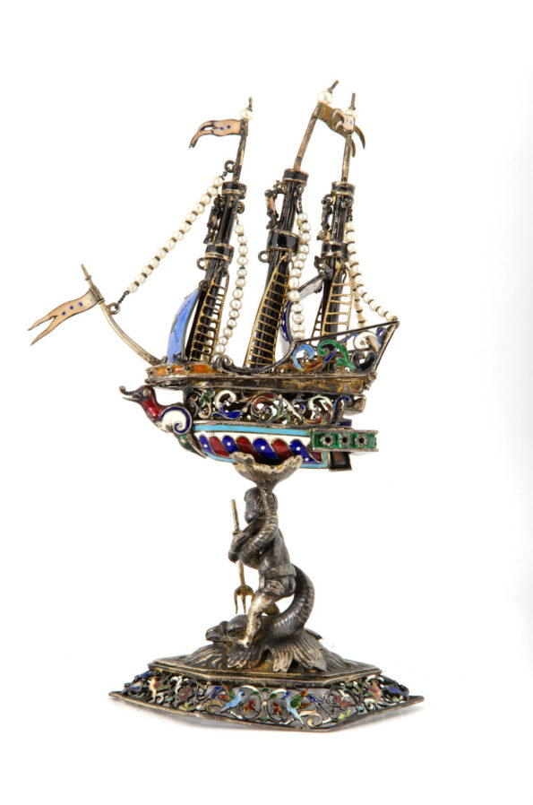 Silver and  enamels sailing ship